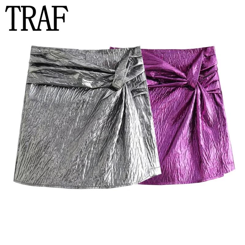 TRAF Knot Womens Skort Silver Mini Skirt Shorts Woman Fashion High Waist Short Skirts For Women Chic And Elegant Wom